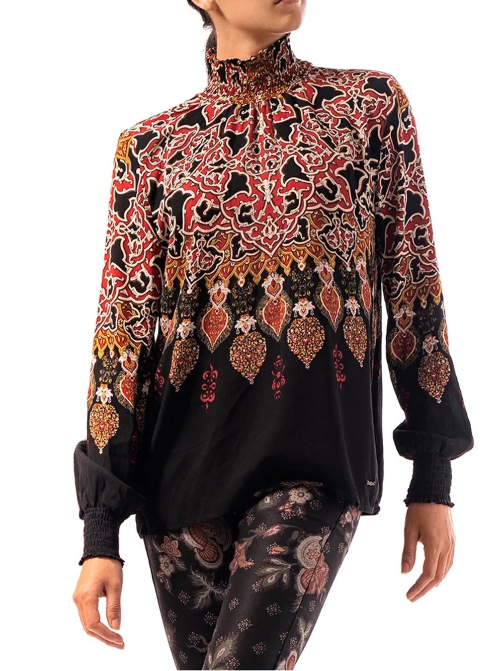 Desigual Ada Blouse Mock‎ Neck Border Print Long Sleeve Red Black Size Medium